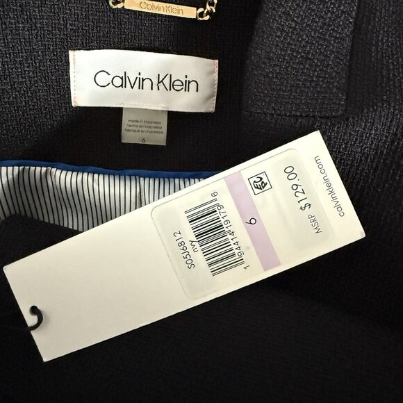 Calvin Klein Textured Open Front Jacket Gold Button Blazer Dark Navy Blue Sz 6 - Picture 6 of 8